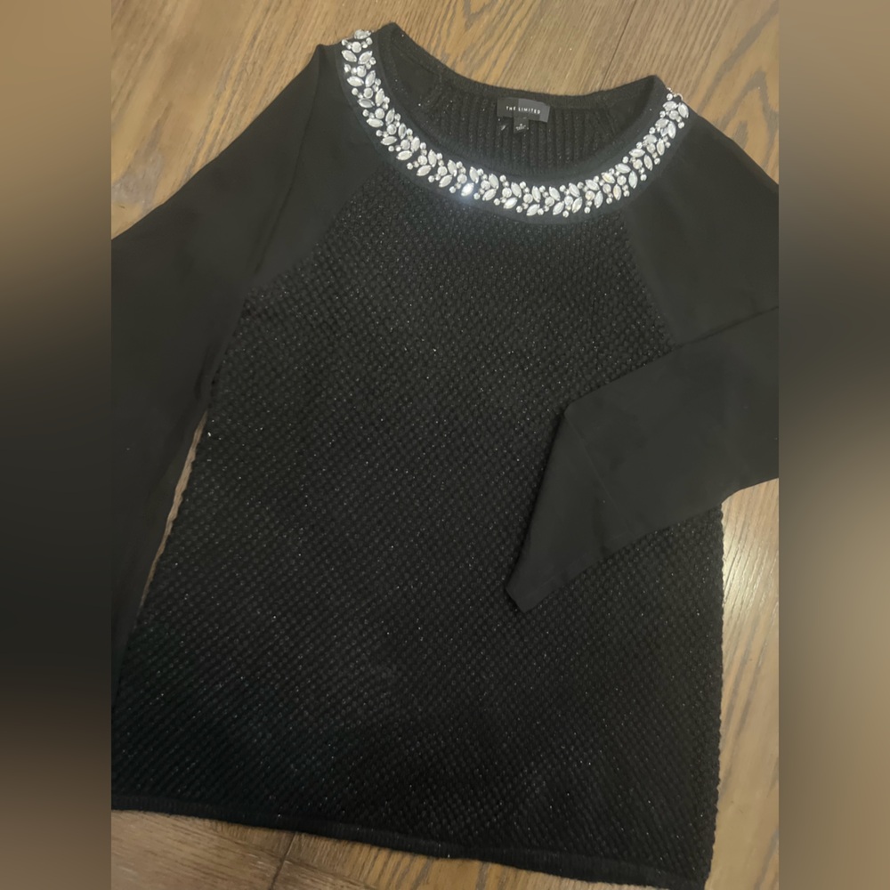 The Limited Black Metallic Sweater with Sheer Sleeves and Rhinestone Detail‎ !!!